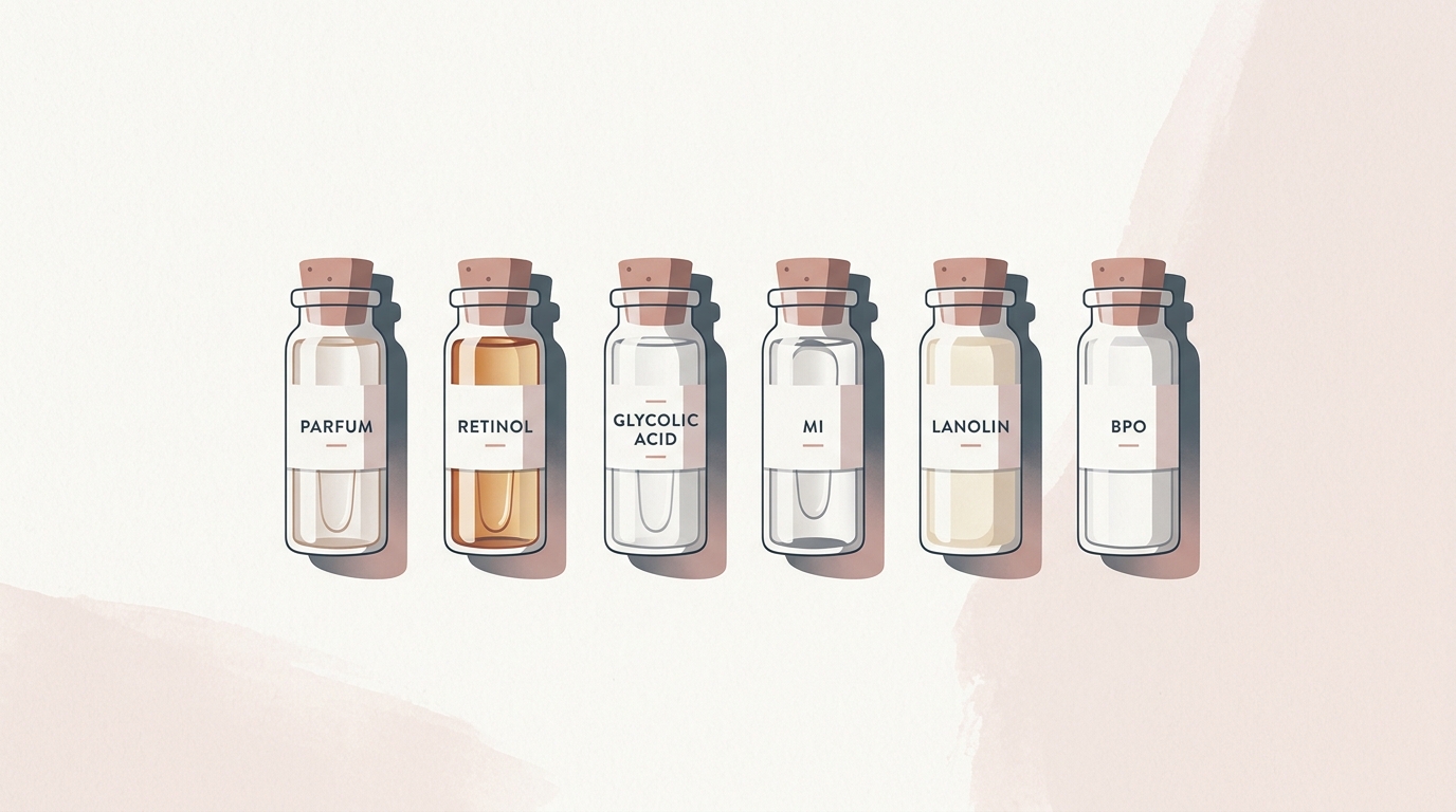 Six labeled glass vials representing common skincare trigger ingredients including PARFUM, RETINOL, GLYCOLIC ACID, MI, LANOLIN, and BPO