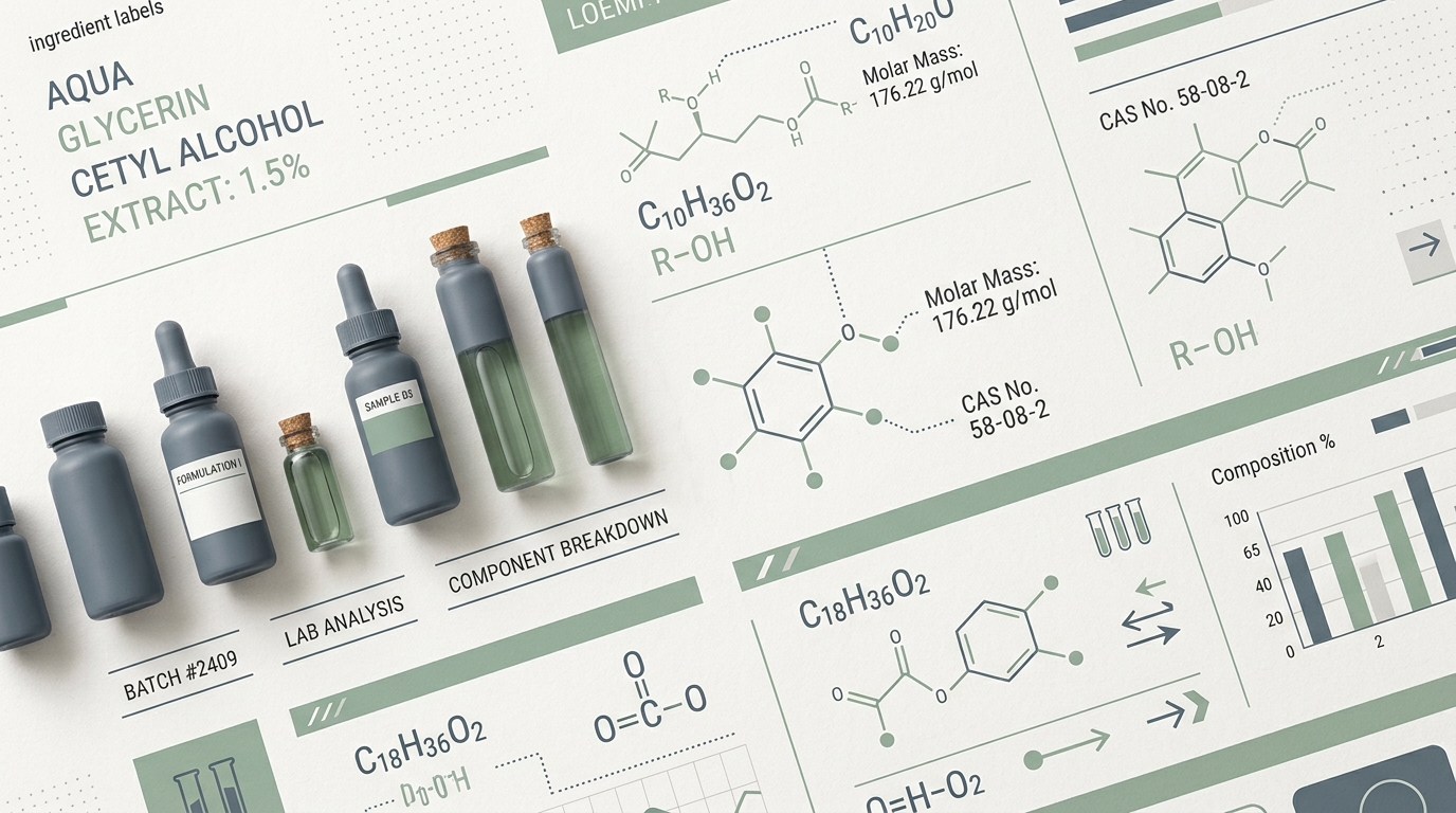 Cosmetic product label showing INCI ingredient list on a clean background