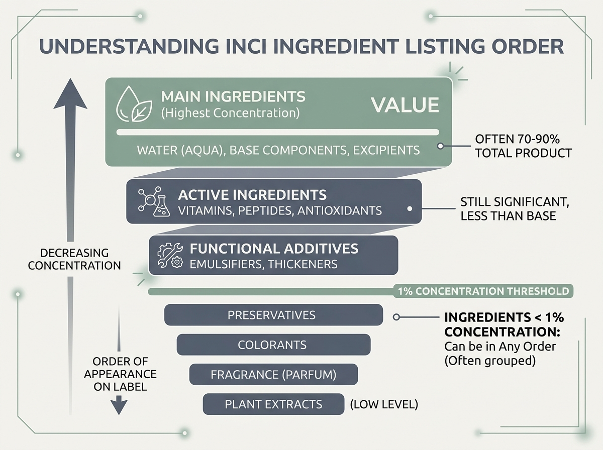 Diagram showing how INCI ingredient ordering works from highest to lowest concentration