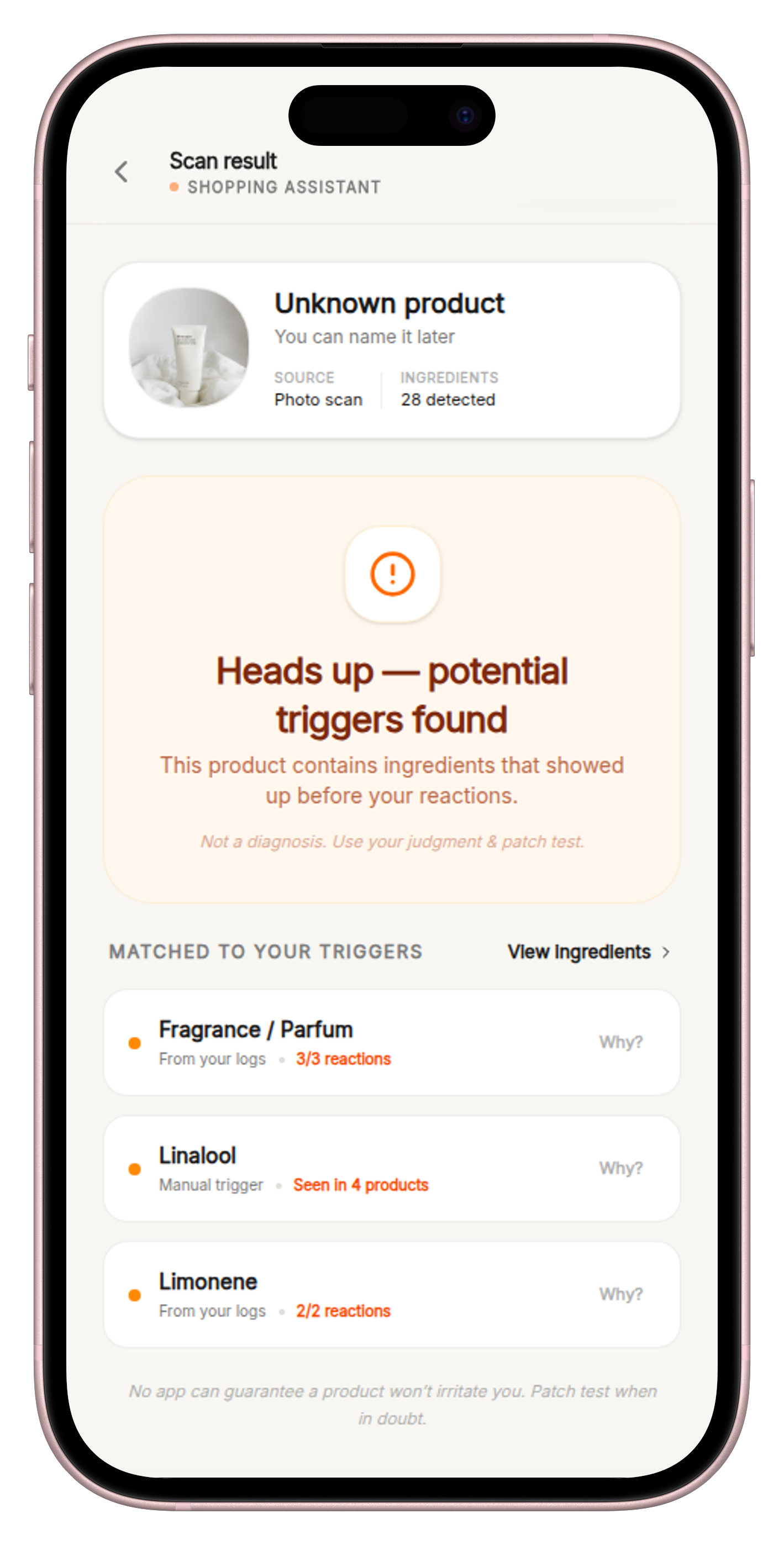Shopping assistant scan result — potential triggers found